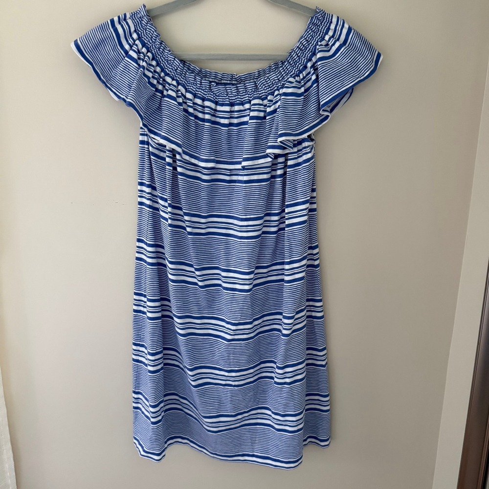 Vineyard Vines Blue White Striped Off Shoulder Ruffle Knit Dress Womens Large
